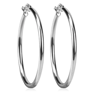 Detailed close-up of 2mm silver polished stainless steel hoop earrings with snap closure