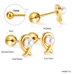 Detail view of gold-plated stainless steel pearl stud with measurements and twist-on ball back