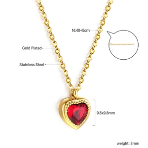 Detailed view of red heart pendant necklace with dimensions and stainless steel material