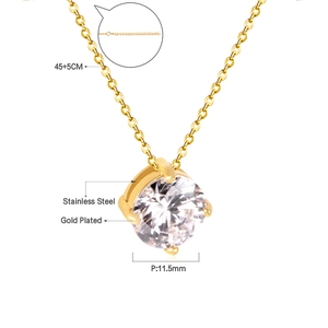 Gold plated stainless steel necklace with 11.5mm round zircon pendant and 45+5cm chain