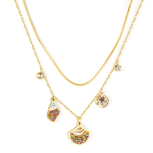 Collana a doppio strato in oro con ciondoli marini, stelle marine e strass colorati
