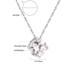 Detail view of 11.5mm round zircon pendant on 45+5cm adjustable stainless steel chain