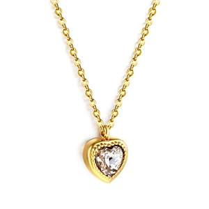 Golden heart pendant necklace with clear crystal and beaded edge on O-chain
