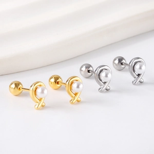 Minimalist pearl knot cross earrings in gold and silver finish for women fashion