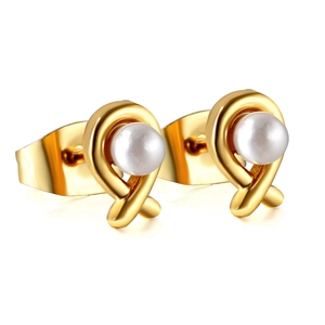 Gold stainless steel fish-shaped stud earrings with twisted metal and white center pearl
