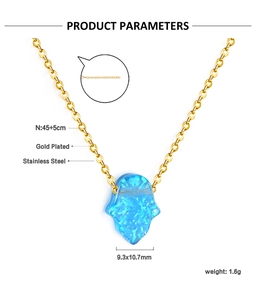 Detail specifications of Hamsa hand pendant necklace with blue opal in gold plated steel