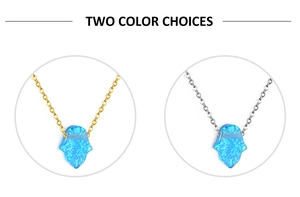Detail of Hamsa Hand pendants with blue opal inlay in gold and silver chain options