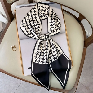 Houndstooth Skinny Scarf Elegant Satin Ribbon Professional Neck Tie Handbag Handle Accessory Fashion Hair Band Women