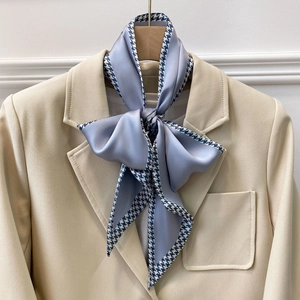 Elegant Houndstooth Skinny Scarf Satin Feeling Narrow Neck Scarf Hair Tie Bag Ribbon For Women