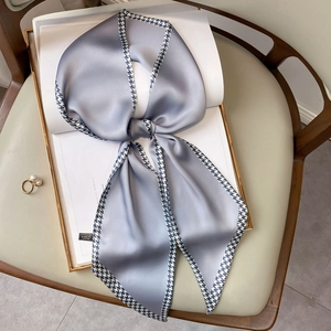 Elegant houndstooth silk feeling narrow scarf in grey blue for women hair or bag decor
