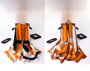 Detailed comparison of orange geometric silk scarves in beige and coffee trim options