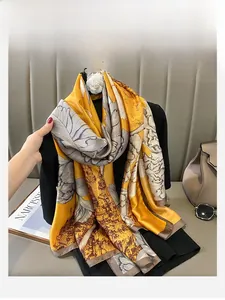 Close-up of elegant floral print scarf with silk-like luster and architectural pattern