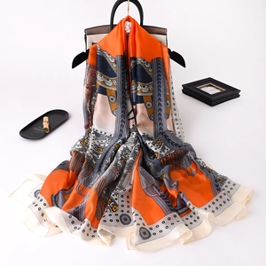 French style saddle print silk shawl in bright orange and navy blue for beach sunshade