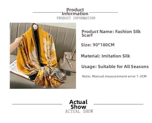 Detailed view of fashion silk scarf showing 90x180cm size and soft imitation silk texture