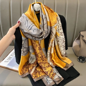 Fashion Printed Imitation Satin Scarf Shawl Large Floral Vintage Architecture Sunscreen Beach Cover Up For Women