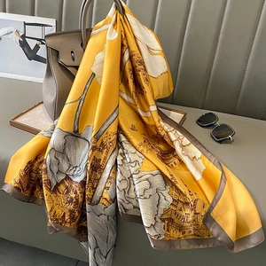 Luxurious yellow silk scarf with vintage artistic floral print and classical architecture
