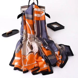 Elegant Faux Satin Scarf For Women Long Satin Shawl Equestrian Horse Bit Chain Print Lightweight Sunshade Decorative Wrap