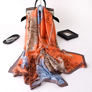 Fashionable floral silk scarf for women featuring traditional oriental landscape print