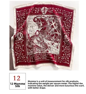 Detail of burgundy mulberry silk scarf with classic medieval knight painting and 12mm texture