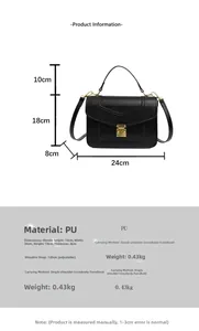 Detailed size chart for minimalist PU leather square bag showing dimensions and materials