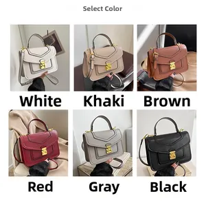 Collage of leather handbags in six colors including white, brown, and black