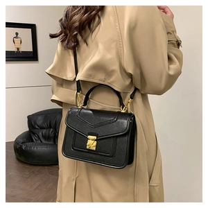 Detailed macro view of black lizard texture leather handbag with gold metal lock closure