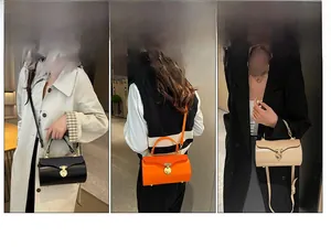 Three models showcase the cylindrical box bag in black, orange, and beige faux leather