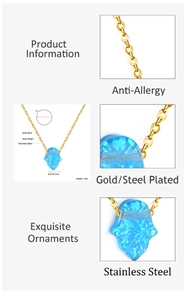 Detail of gold-plated Hamsa pendant with blue opal and stainless steel chain dimensions