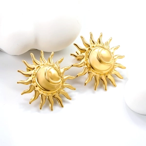 Polished golden stainless steel sun stud earrings with minimalist sunburst design