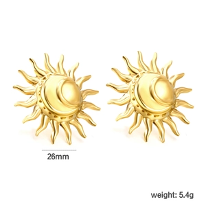 Vintage 18K gold-plated stainless steel sun and moon stud earrings, 26mm diameter size
