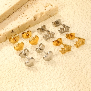Stainless Steel Heart And Crown Stud Earrings For Women Minimalist Fashion Jewelry Polished Gold And Silver Color