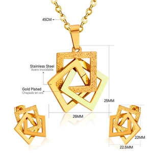 Ensemble collier et boucles d'oreilles carrées en acier inoxydable plaqué or pour femme