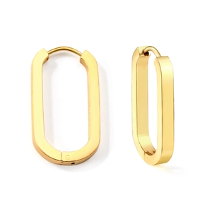 Polished gold geometric oval hoop earrings in stainless steel with minimalist buckle design