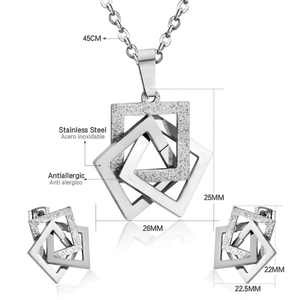 Parure de bijoux en acier inoxydable avec carrés entrelacés et finition scintillante mate