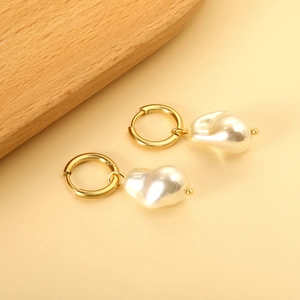 Elegant 18K gold plated stainless steel hoop earrings with baroque pearl drops for women