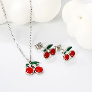 Parure bijoux cerises rouges élégante avec collier et boucles d'oreilles en acier inox