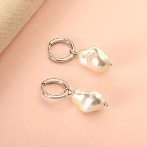 Elegant 18K gold-plated stainless steel hoop earrings with baroque pearl drops for women