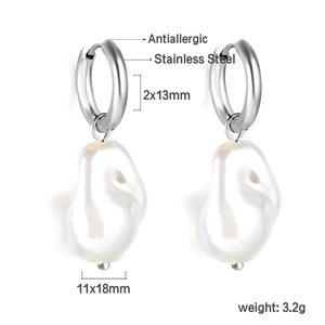 Detail showing 2x13mm stainless steel hoops with 11x18mm white baroque pearl pendants
