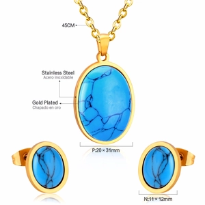Conjunto de joyas de acero inoxidable dorado con piedras turquesas ovaladas y collar