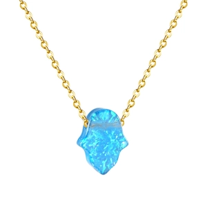 Blue opal Hamsa Hand pendant on a gold link chain necklace for women jewelry