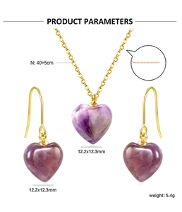 Detailed specs of purple heart stone necklace and earrings set with 40+5cm chain length