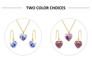 Detailed comparison of two heart-shaped natural stone jewelry sets in blue and purple colors