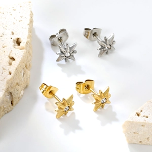 Polished stainless steel eight-pointed star stud earrings with zircon in gold and silver