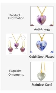 Detail showing heart-shaped natural stone jewelry set with gold plated stainless steel