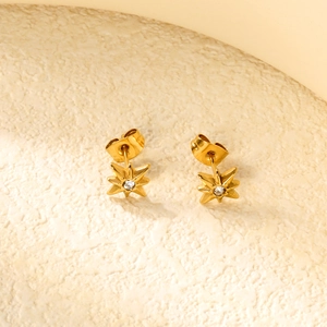 Gold star earrings with zircon inlay and butterfly back on textured stone background