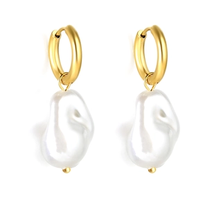 Baroque pearl drop earrings in 18K gold plated stainless steel on white background