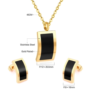 Gold plated stainless steel jewelry set with geometric black shell pendants and studs