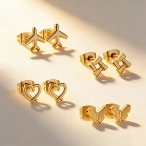 Stainless Steel Stud Earrings Heart Star Geometric Butterfly Airplane Crown Minimalist Jewelry For Women