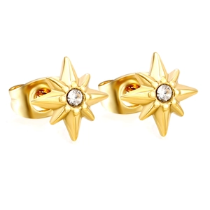 Golden stainless steel eight-pointed star earrings with a central sparkling zircon stone