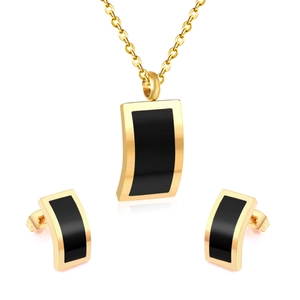 Elegant gold necklace and black square stud earrings set with a modern geometric design